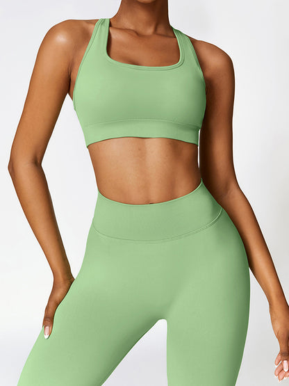 Wrap Back Cross Hollow Solid Color Square-Neck Sports Bra