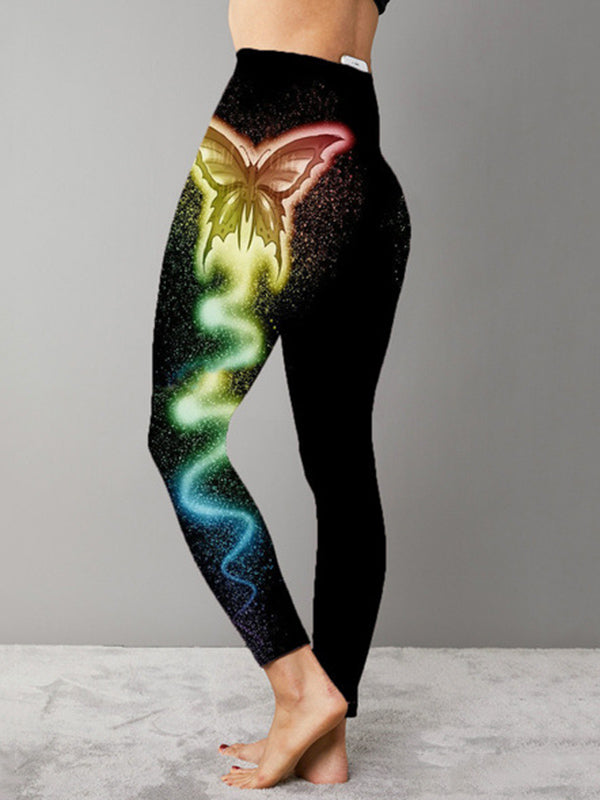 Printed Denim Butterfly High Waist Leggings