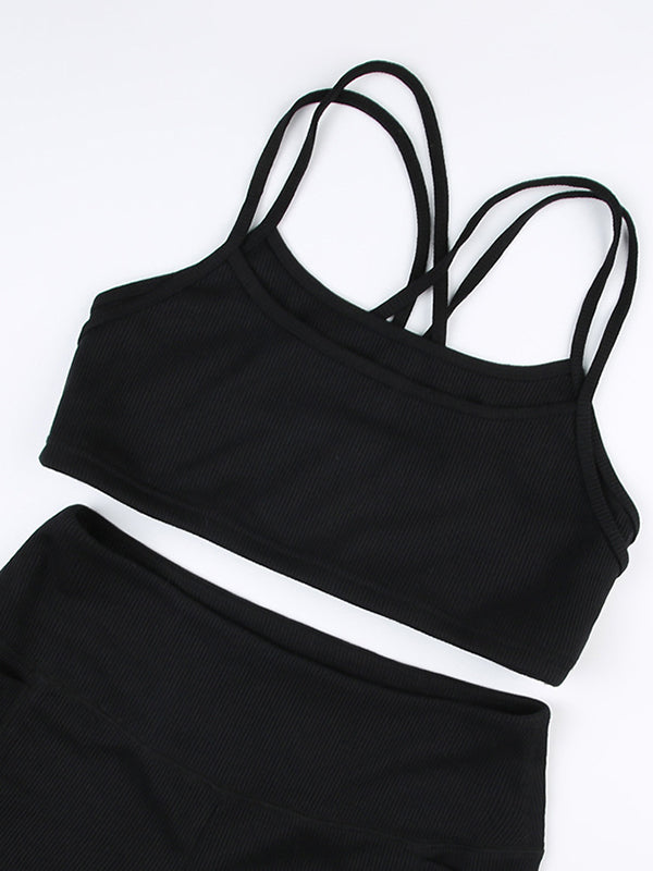 Skinny Wrap Hollow Solid Color Spaghetti-Neck Sports Bra&Shorts Suits