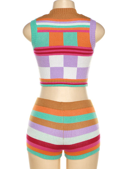 Sleeveless Multi-Colored Round-Neck Tank&Shorts Suits