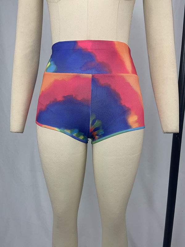 Stylish Colorful Print High-Waisted Hollow Simple Slim Sports Shorts