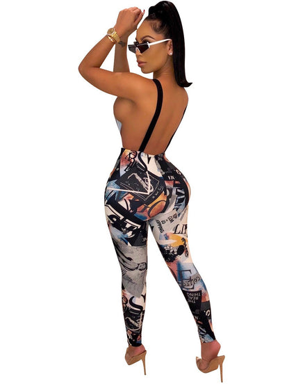 Sexy Cutout Printed Graffiti Backless Jumpsuits