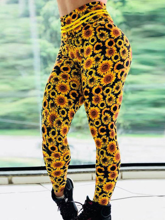 Sunflower Digital Printing High-Waisted Slim Yoga Leggings