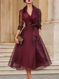 Elegant Wrap Midi Dress With Sheer Sleeves