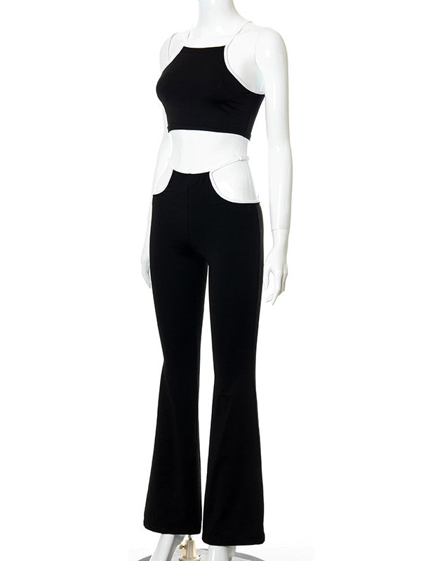 Color-Block Belly-Hollow Wrap Skinny Spaghetti-Neck Suits