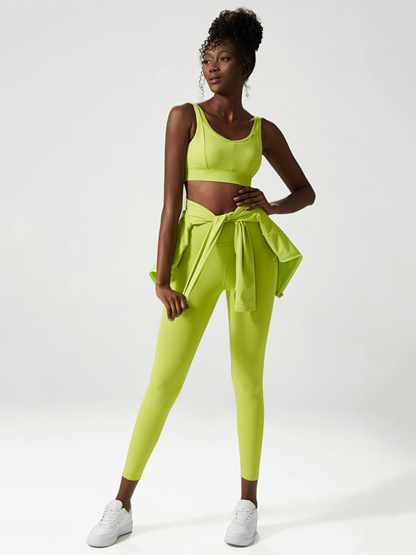 High Waisted Wrap Fluorescent Tees&Bra&Leggings Suits