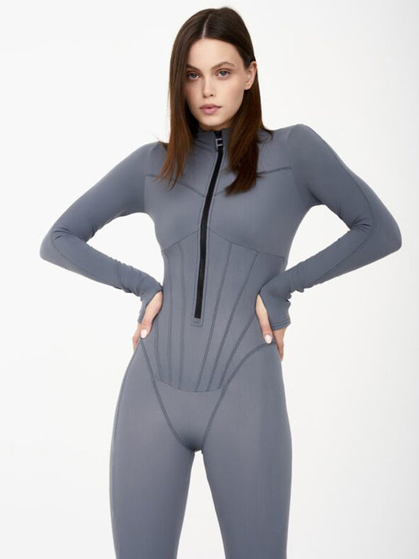 Skinny Solid Color Zipper Round-Neck Jumpsuits