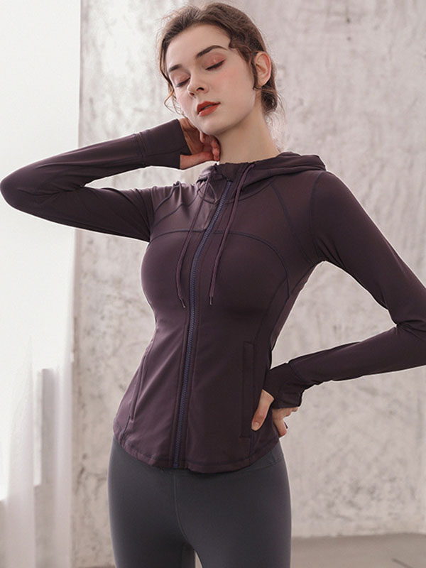 Skinny Wrap Hooded Solid Color Zipper Yoga Tops