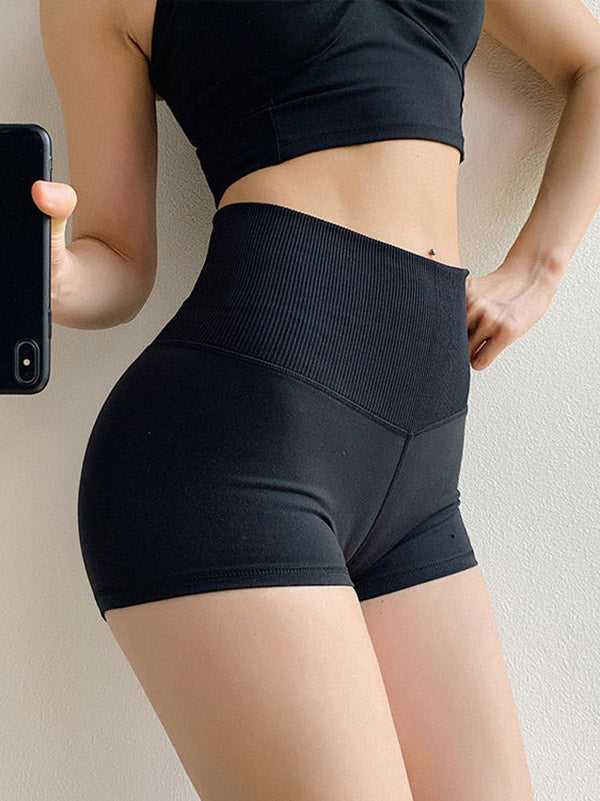 Solid Color High Waist Stretch Tight Yoga Shorts