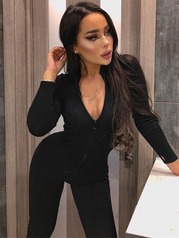 Solid Color Zipper Long Sleeves Jumpsuits