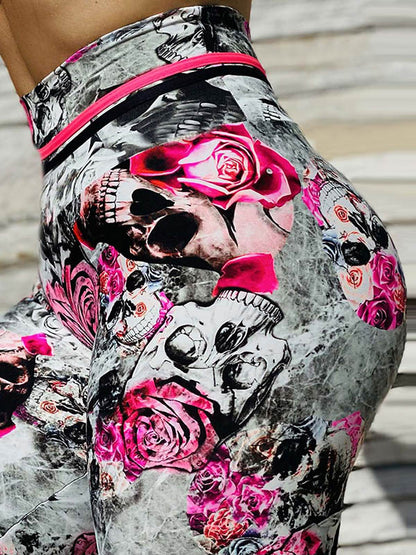 Rose&Skull Print Hips-Lift Shaped High Waisted Sport Leggings