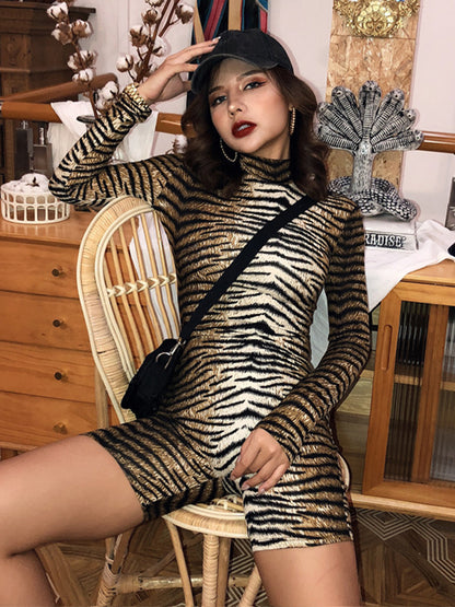 Long Sleeves Leopard Tiger Skin Pattern Zipper High-Neck Rompers