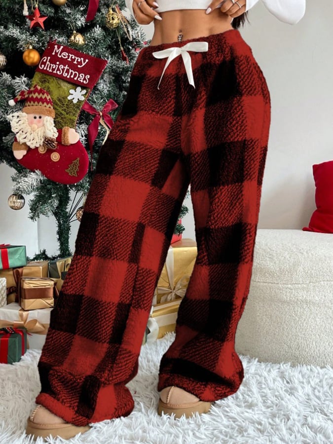 Women'S Christmas Contrast Plaid Straight-Leg Pants