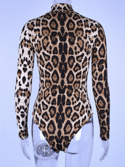 Long Sleeves Wrap Leopard High-Neck Bodysuits