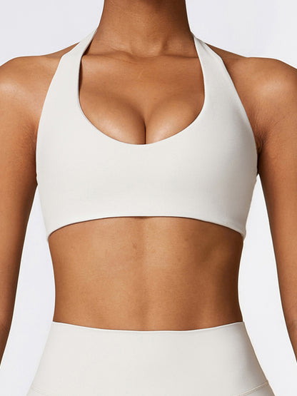 Skinny Wrap Backless Solid Color U-Neck Sports Bra