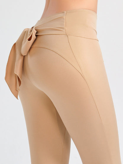 Bow-Embellished Solid Color Tights Skinny Wrap Yoga Bottoms