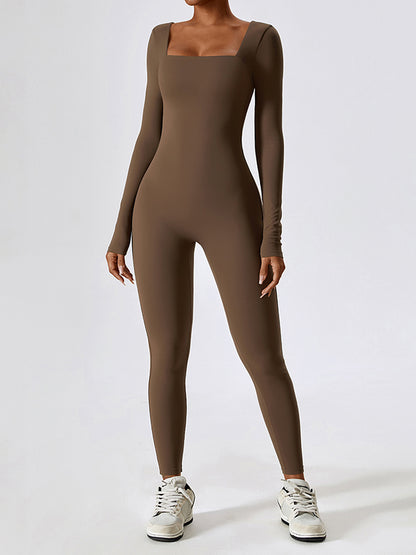 Long Sleeves Skinny Solid Color Square-Neck Yoga Jumpsuits