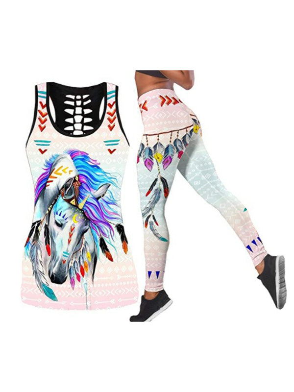 Horse Printed Breathable Hollowed Vest&Leggings Sports Suits