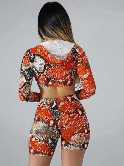 Snake Printed Crop Hoodies And Shorts Suits