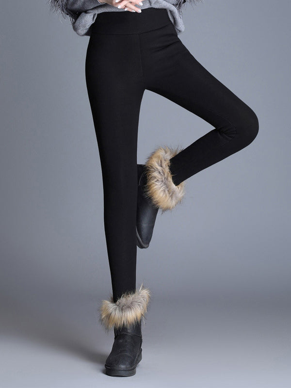 Casual Skinny With Velvet Keep Warm Solid Color Leggings