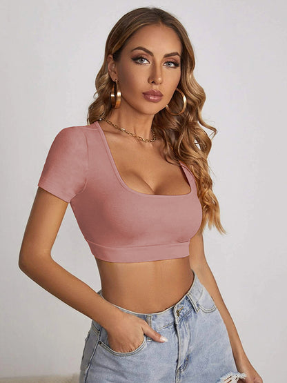 Cropped Skinny Solid Color T-Shirts Square-Neck Tank