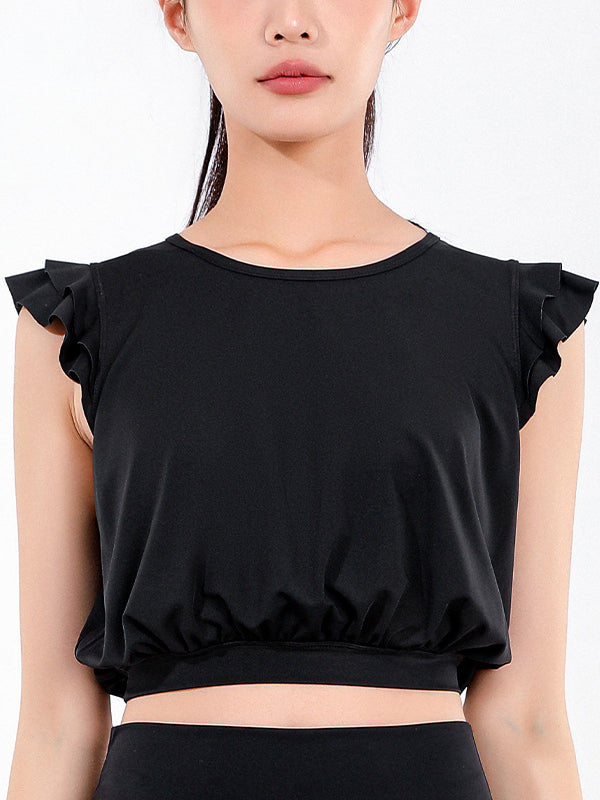 Loose Sleeveless Ruffled Round-Neck Yoga Tops