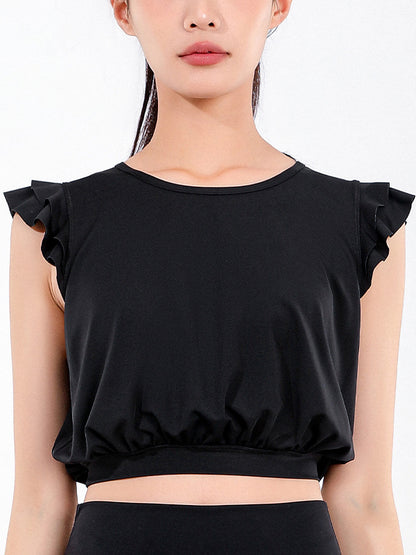 Loose Sleeveless Ruffled Round-Neck Yoga Tops