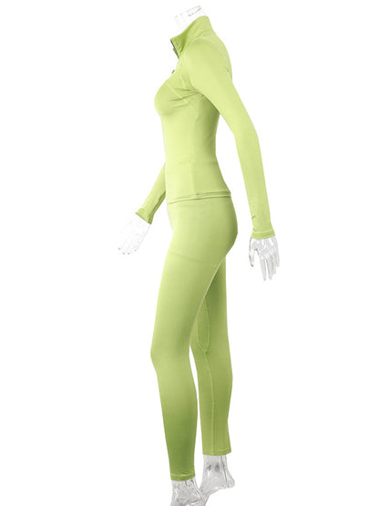 Solid Color Zipper Collar Jackets&Leggings Breathable Sport Suits