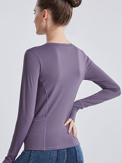 Long Sleeves Wrap Pockets Solid Color Round-Neck Yoga Tops