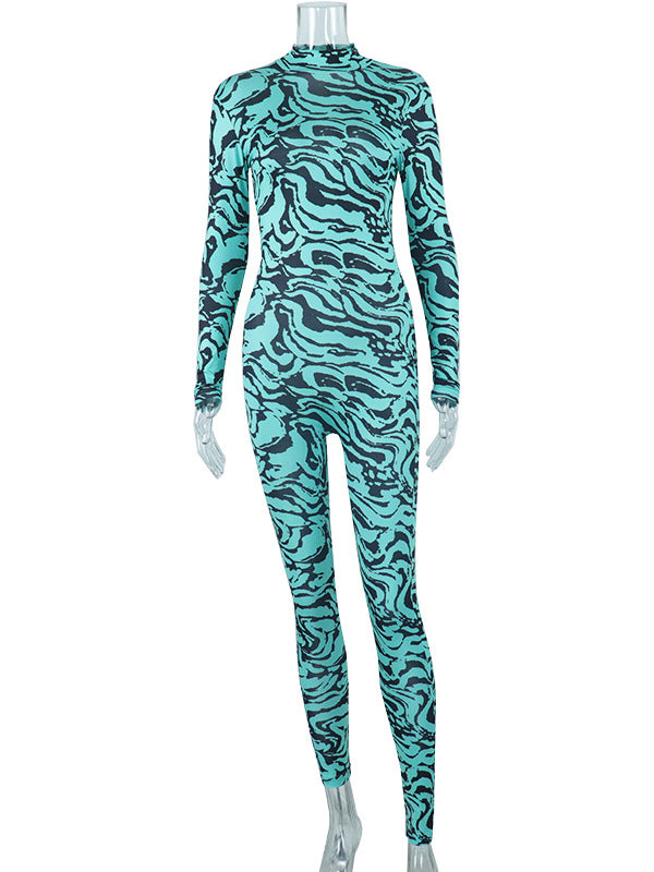 Long Sleeves Skinny Contrast Color Printed High-Neck Jumpsuits