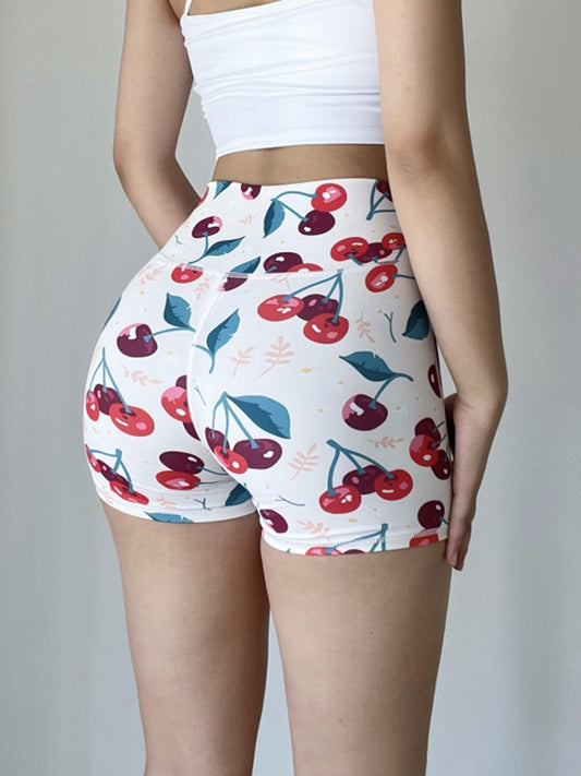 Wrap Contrast Color High-Waisted Fruit Printed Sports Shorts