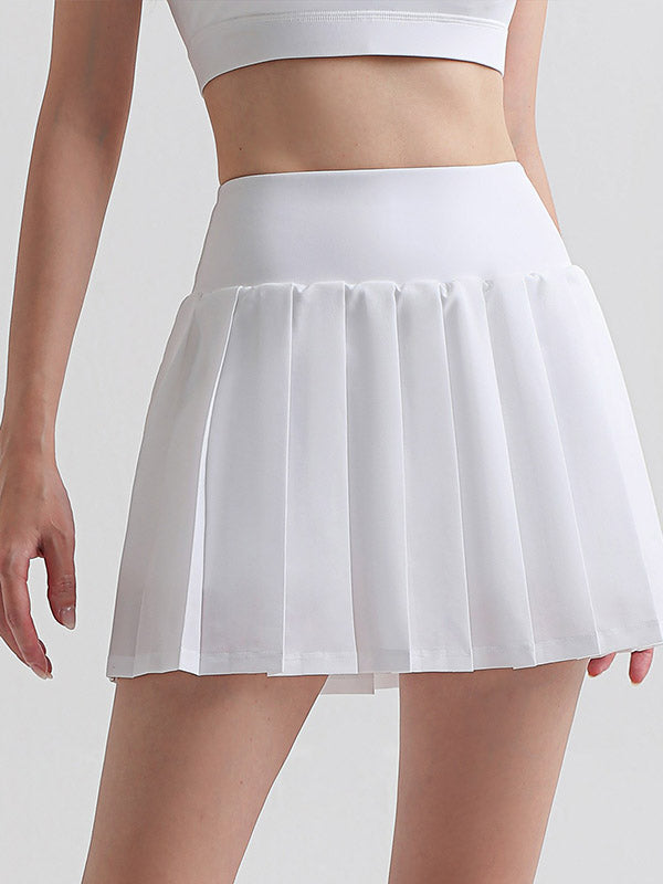 Loose Pleated Pockets Solid Color Sports Skirts