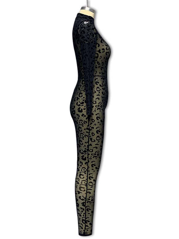 Skinny Wrap Leopard See-Through Round-Neck Jumpsuits