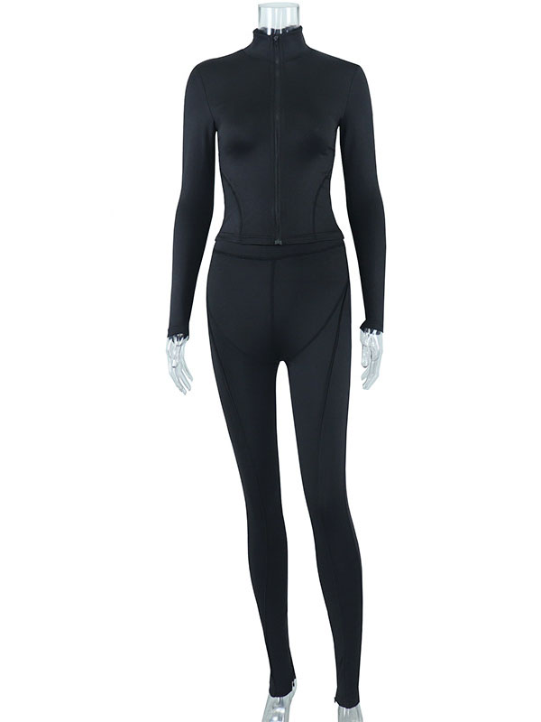 Long Sleeves Wrap Solid Color Zipper High-Neck Jackets&Pants Suits