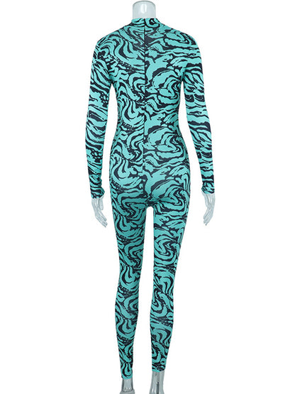 Long Sleeves Skinny Contrast Color Printed High-Neck Jumpsuits