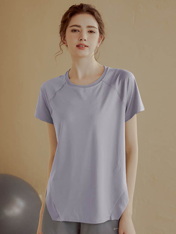 Loose Short Sleeves Solid Color Split-Side Round-Neck Yoga Tops