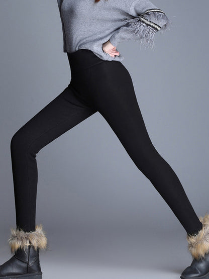 Casual Skinny With Velvet Keep Warm Solid Color Leggings