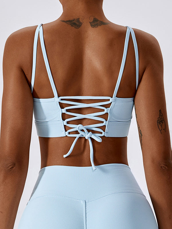 Wrap Back Cross Bandage Hollow Solid Color Striped Spaghetti-Neck Sports Bra