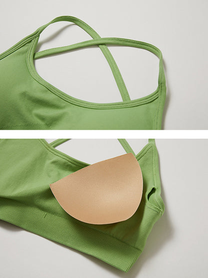 Wrap Back Cross Hollow Solid Color U-Neck Sports Bra