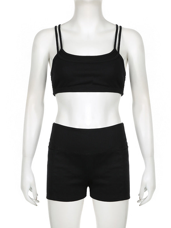 Skinny Wrap Hollow Solid Color Spaghetti-Neck Sports Bra&Shorts Suits