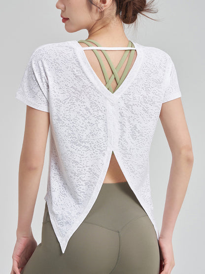 Loose Cover-Ups Tops Solid Color T-Shirts Split-Back Tee Split-Joint Round-Neck Yoga Tops