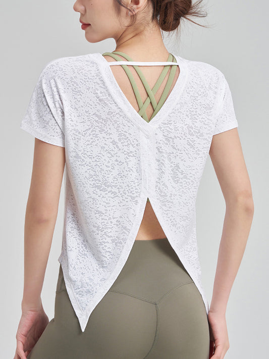 Loose Cover-Ups Tops Solid Color T-Shirts Split-Back Tee Split-Joint Round-Neck Yoga Tops