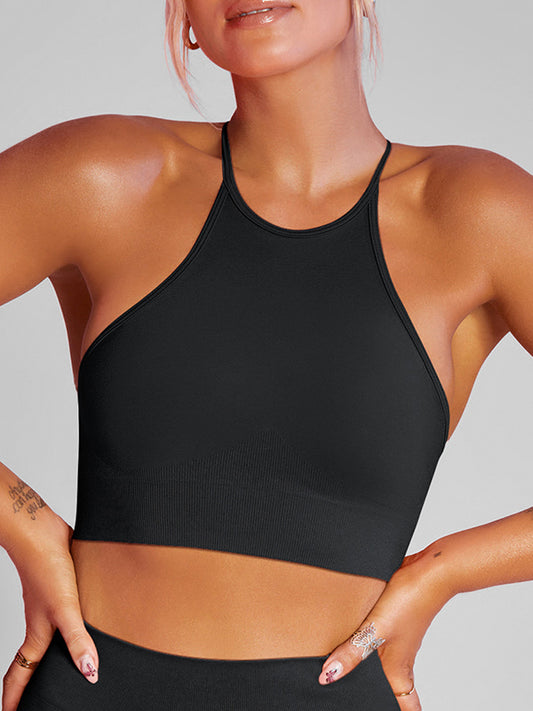 Skinny Wrap Hollow Sports Bra Solid Color Spaghetti-Neck Tank