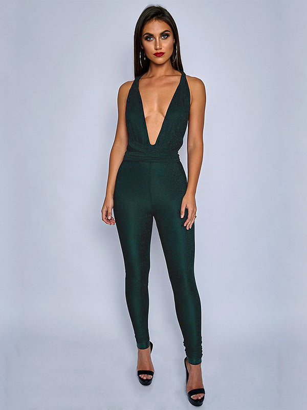 Leisure Fashion Skinny Solid Color Deep V-Neck Yoga Jumpsuits