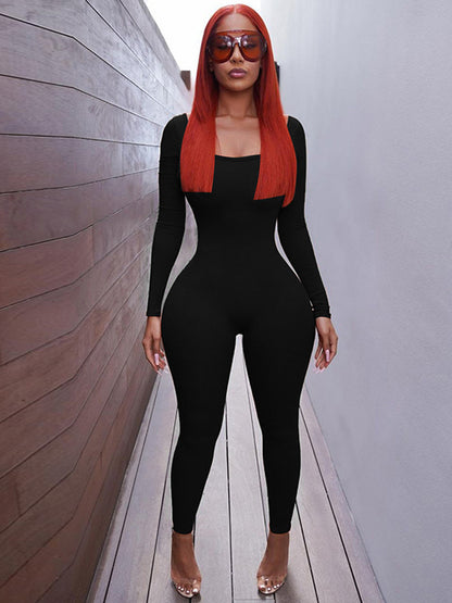 Long Sleeves Skinny Bandage Hollow Solid Color Square-Neck Jumpsuits