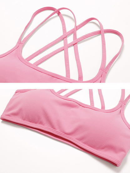 Wrap Back Cross Hollow Solid Color Spaghetti-Neck Sports Bra