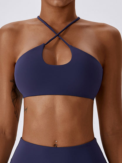 Padded Back Cross Hollow Solid Color Halter-Neck Sports Bra