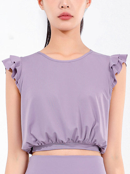 Loose Sleeveless Ruffled Round-Neck Yoga Tops