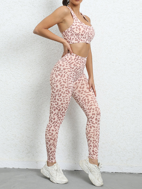 High-Waisted Leopard Spaghetti-Neck Sports Bra&Leggings Suits