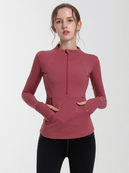 Long Sleeves Skinny Pockets Solid Color Zipper Yoga Tops